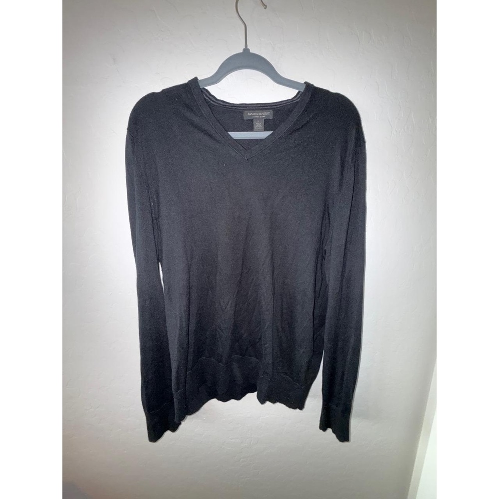 Banana Republic Sweater Mens L Black Vneck Long Sleeve Silk Cashmere Preppy Luxe